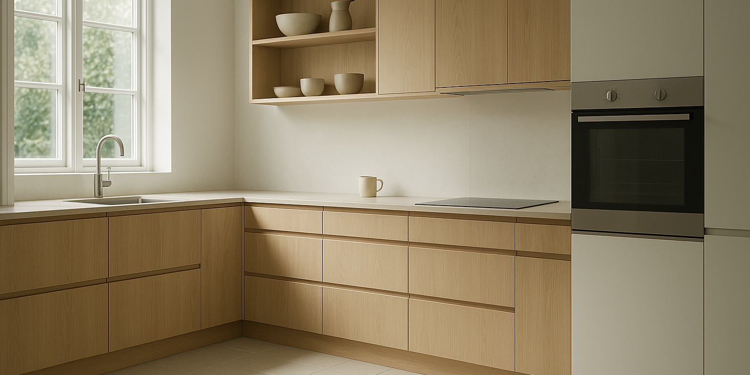 Køkken med egetræslåger med klinkegulv