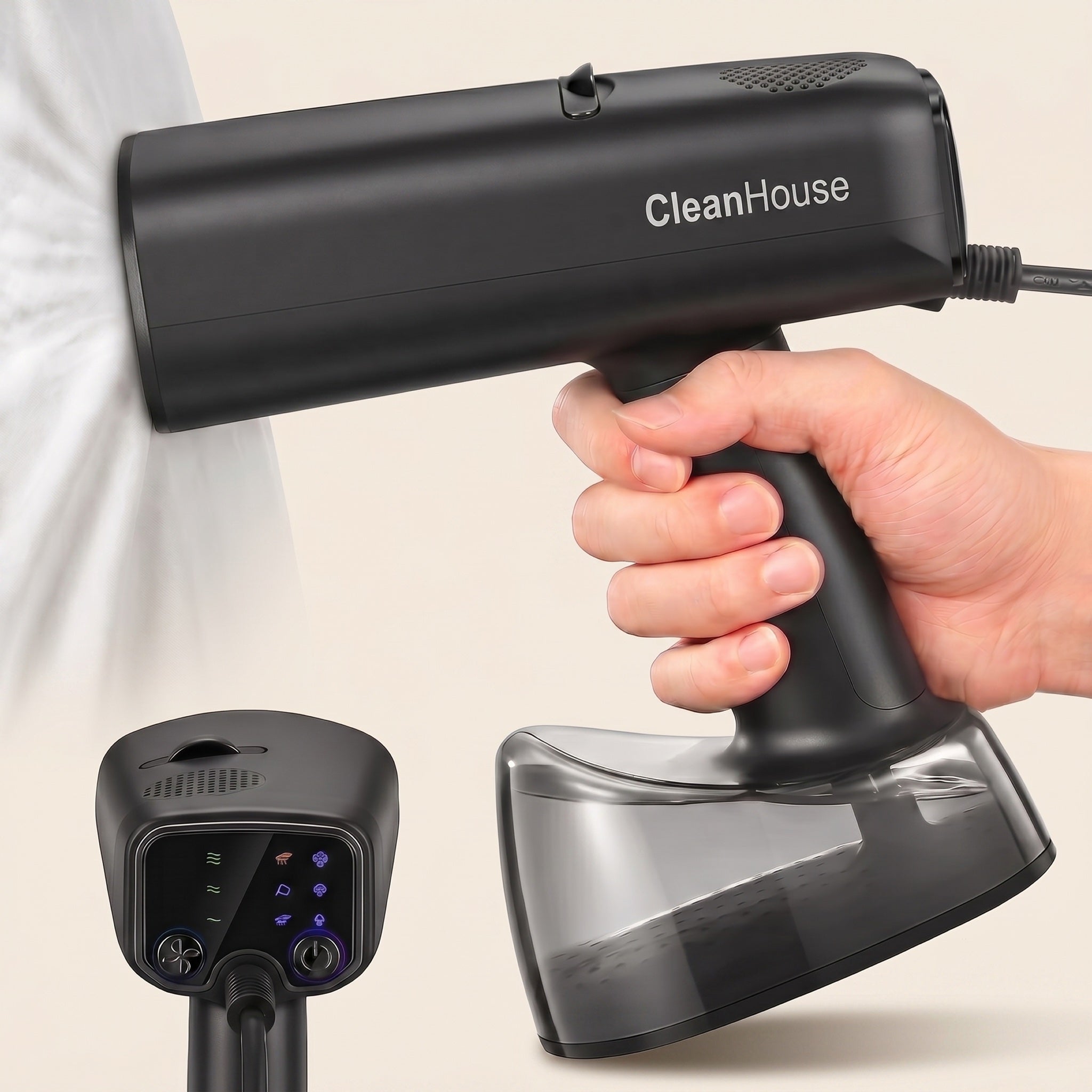 SteamPress håndholdt tøjdamper damper en hvid skjorte, med kontrolpanel-detalje
