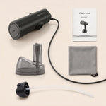 Indholdet i SteamPress-kassen: damper, vandtank, adapter og manual