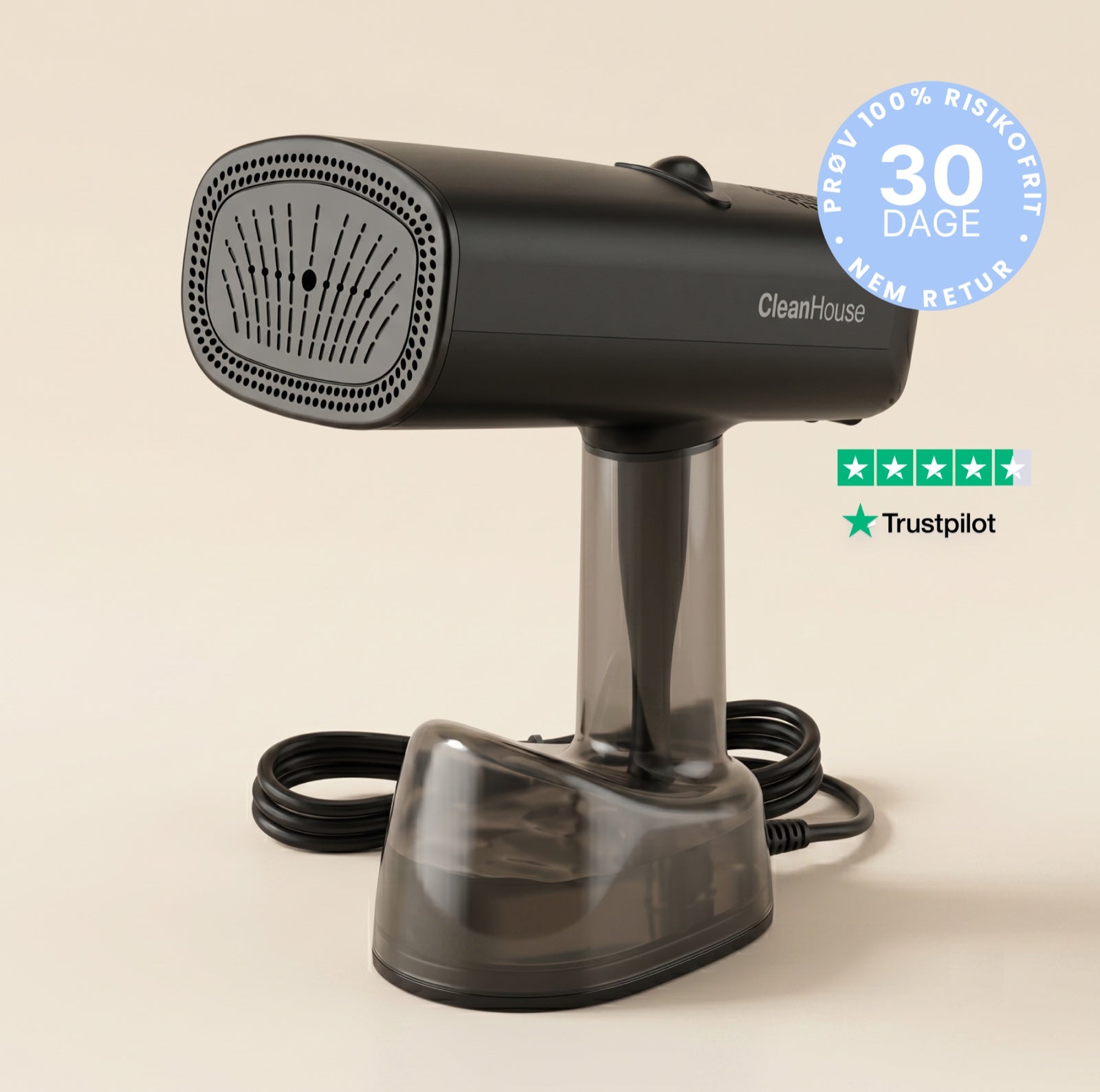 SteamPress håndholdt tøjdamper på beige baggrund med 30 dages tilfredshedsgaranti og Trustpilot-vurdering